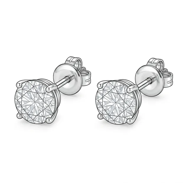 Illustration of a pair of four-prong round brilliant diamond stud earrings