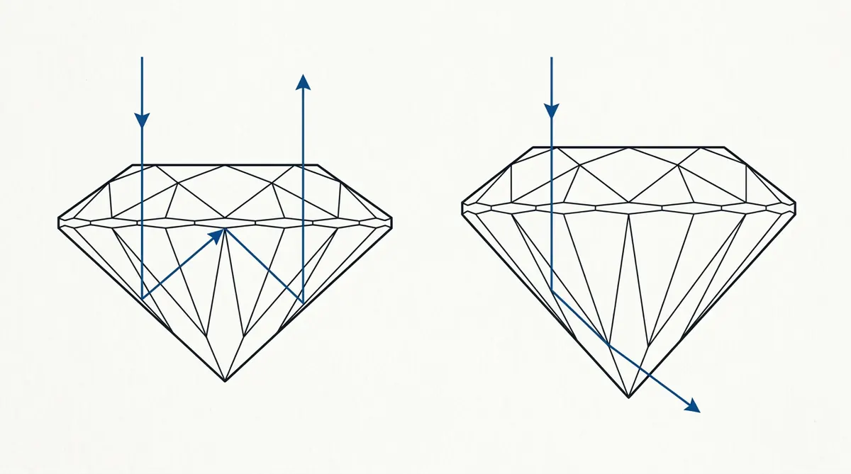 Cross-section diagrams showing light returning from a well-cut diamond and leaking from a poorly cut one