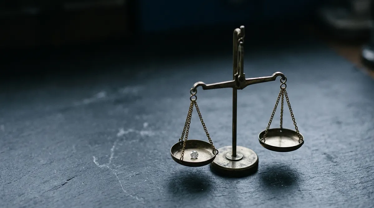 A small brass jeweller's scale weighing a single diamond