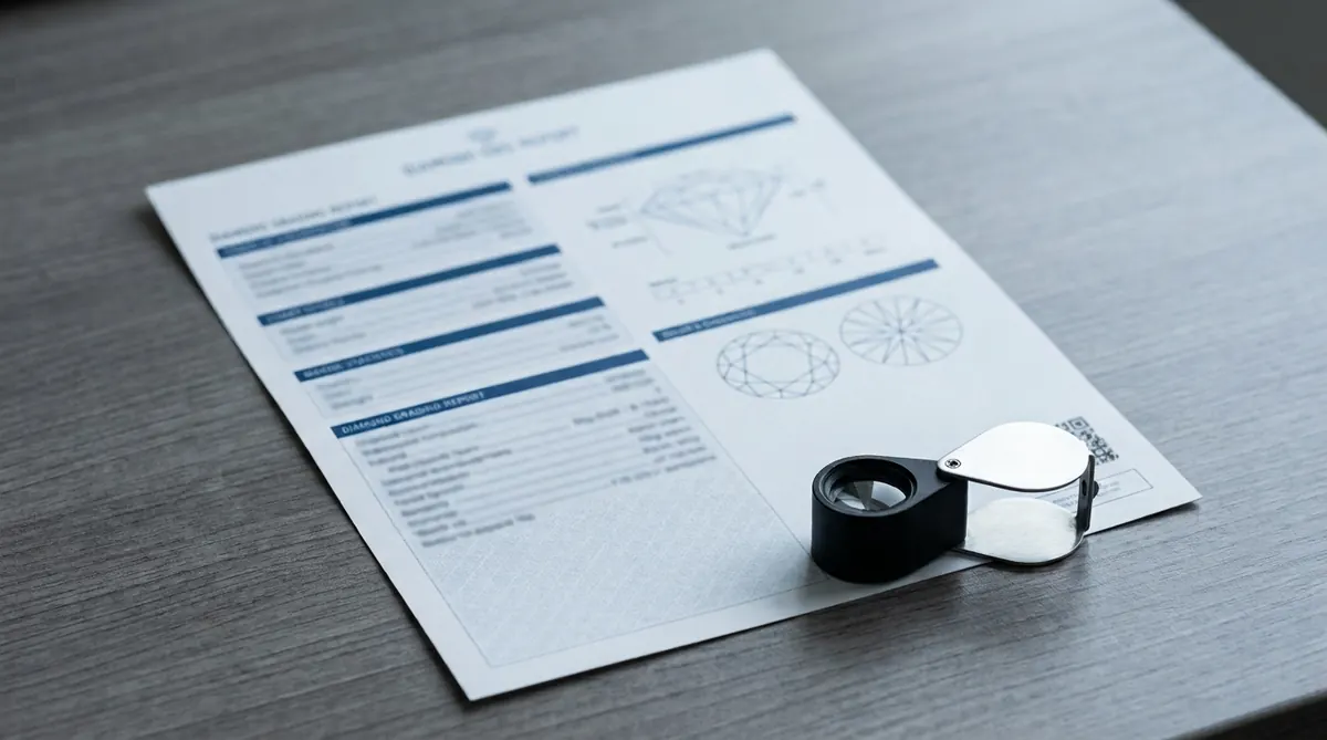A diamond grading report on a desk with a jeweller's loupe resting on it