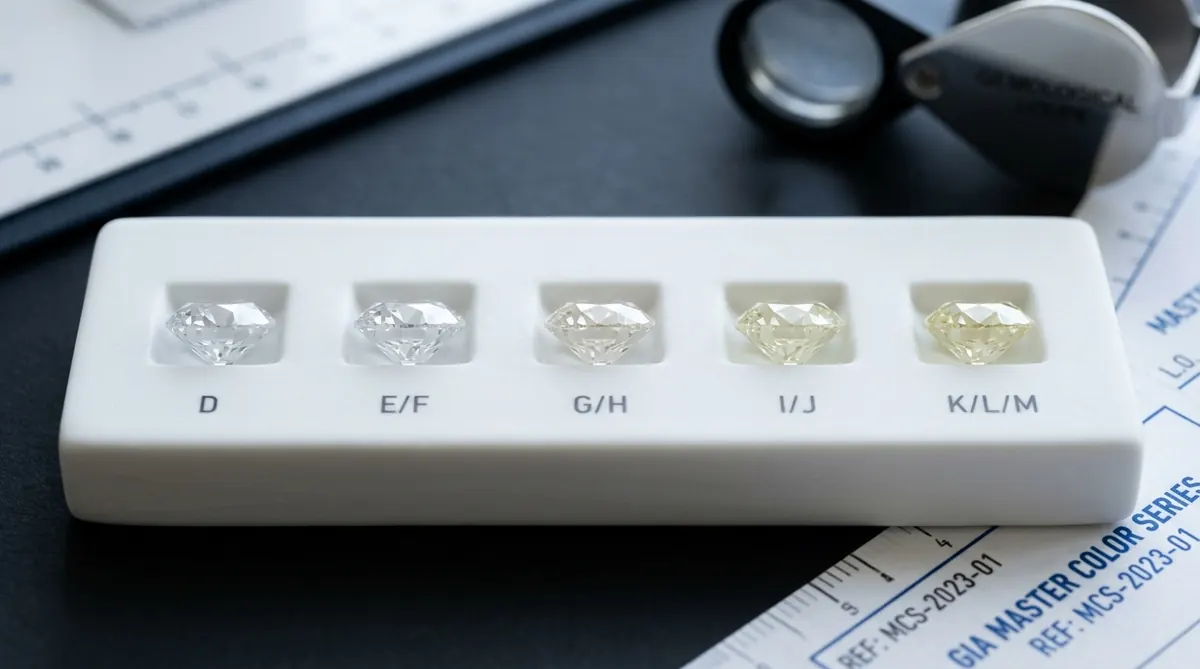 Diamonds arranged on a grading tray under controlled light