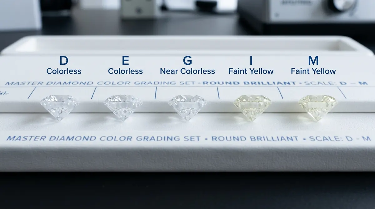 A colour grading set showing diamonds from D through M under controlled light
