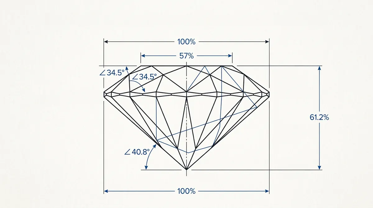 Technical cross-section of a round brilliant showing table, depth and crown angle proportions as percentages