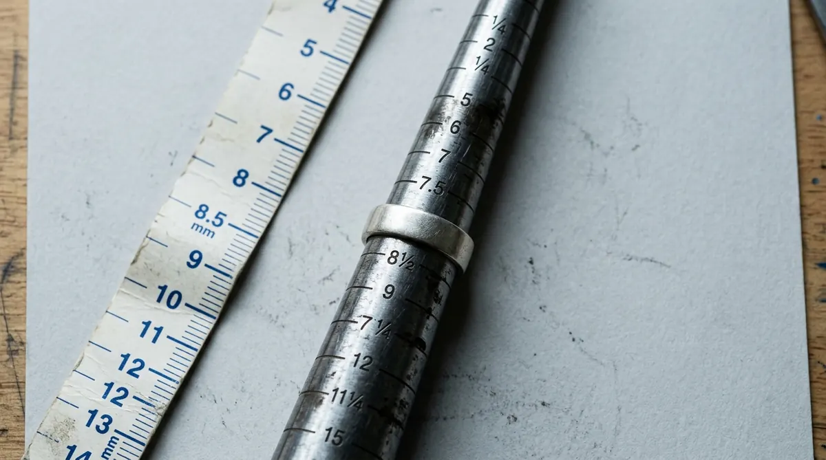 A ring sizing mandrel and measuring scale on a workbench